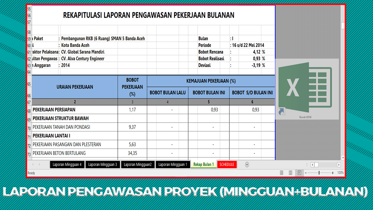 Laporan Pengawasan Proyek (Mingguan+Bulanan+Schedule) Ecxel