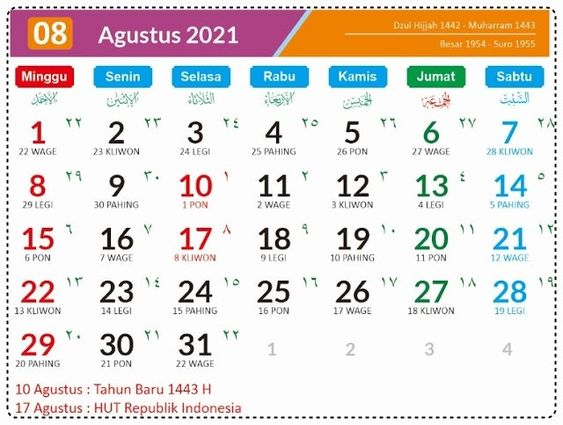 Kalender Bulan Agustus 2021