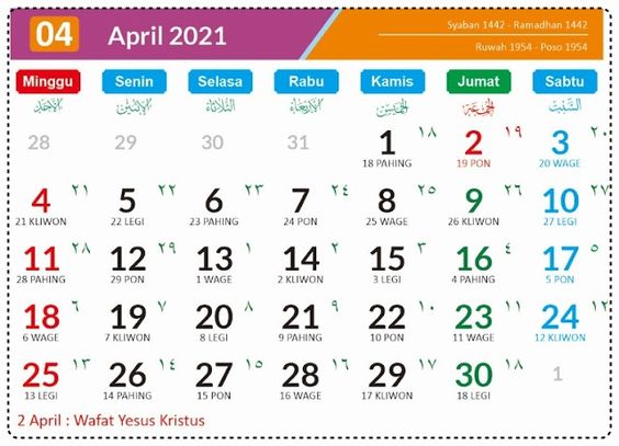 Kalender Bulan April 2021