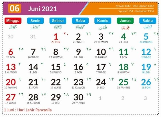 Kalender Bulan Juni 2021