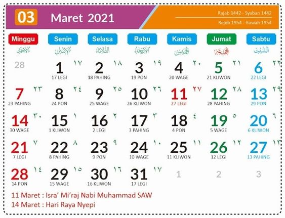 Kalender Bulan Maret 2021