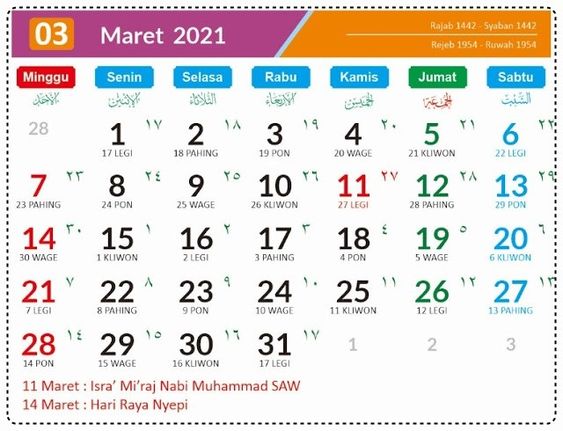 Kalender jawa bulan maret 2022