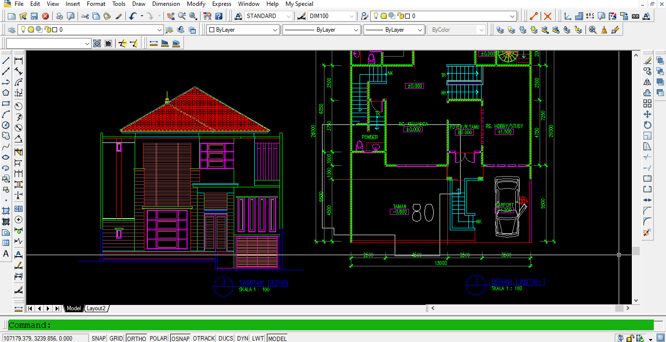 Download Desain Rumah Tinggal 2 Lantai 13x14 M + Bassement DWG AutoCAD