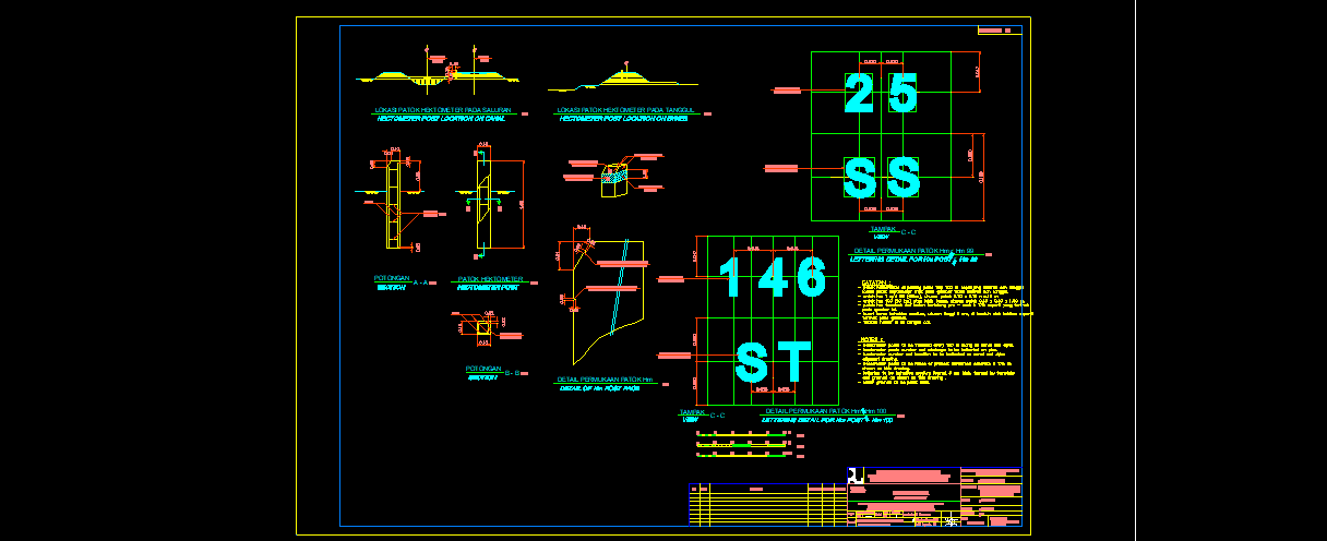 Gambar Patok Hektometer dan Papan Eksploitasi Bendungan DWG AutoCAD