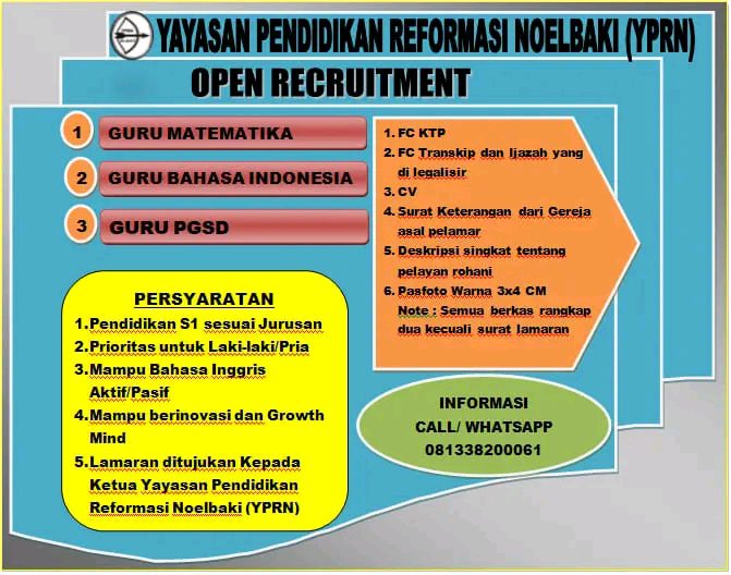 LoKer Yayasan Pendidikan Reformasi Noelbaki Kupang Sebagai Guru Matematika, PGSD dan Bahasa Indonesia 